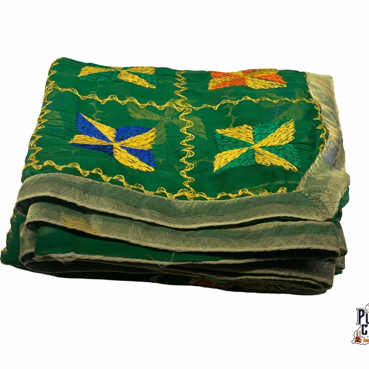 Beautiful Fulkari with green base and multi color flower patter + golden lace on all the borders