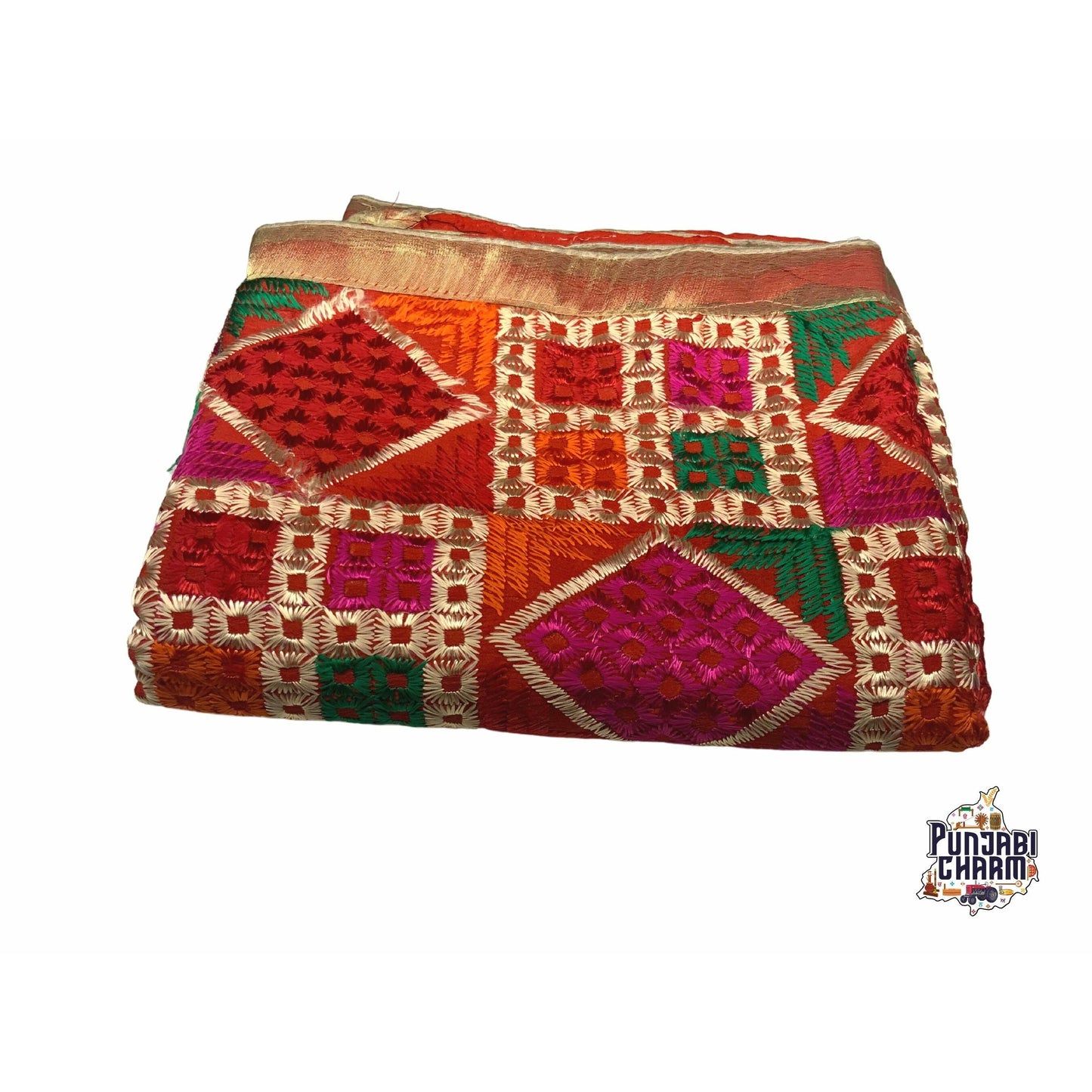 Phulkari / Fulkari Dupatta with beautiful multicolor embroidery work and golden lace on the borders