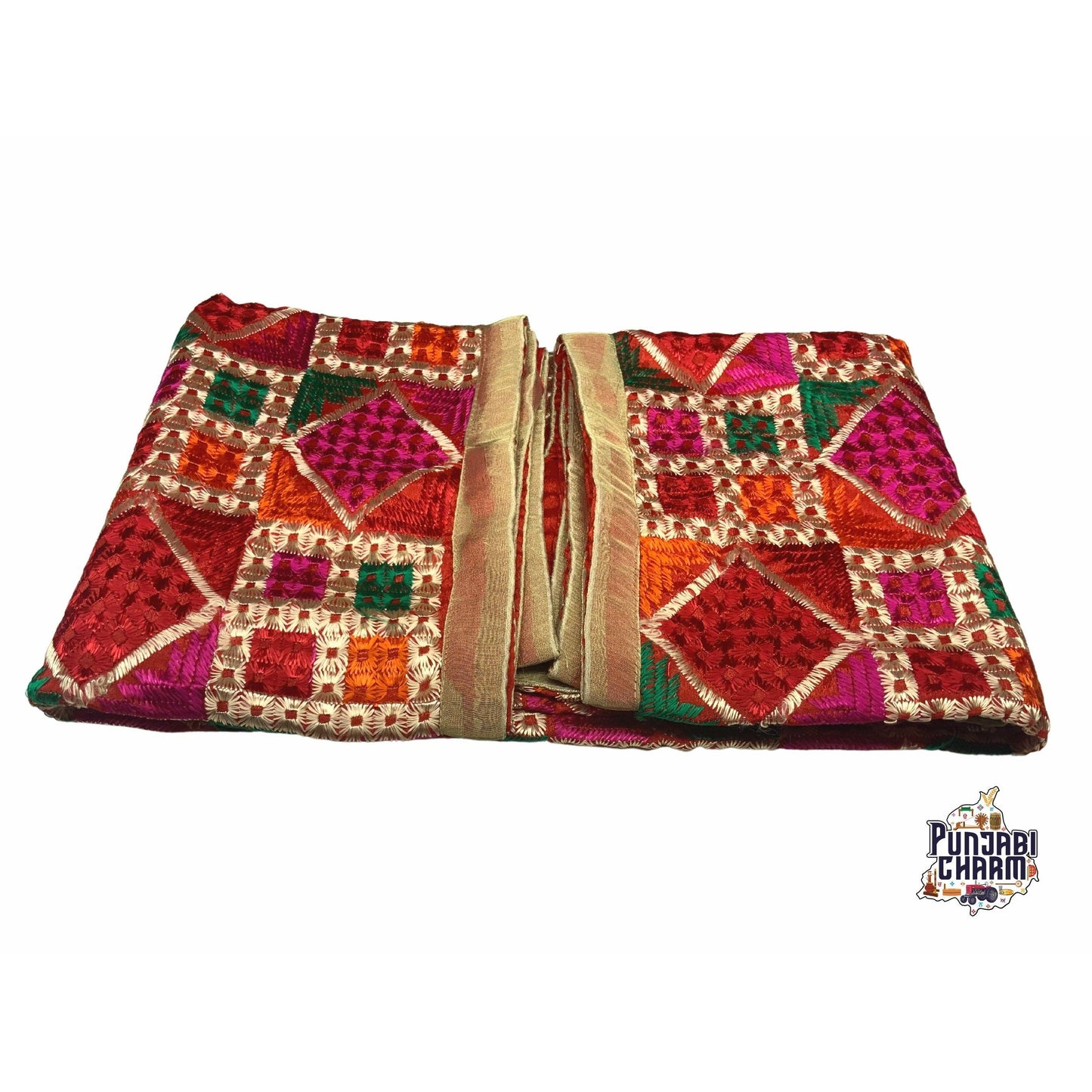 Phulkari / Fulkari Dupatta with beautiful multicolor embroidery work and golden lace on the borders