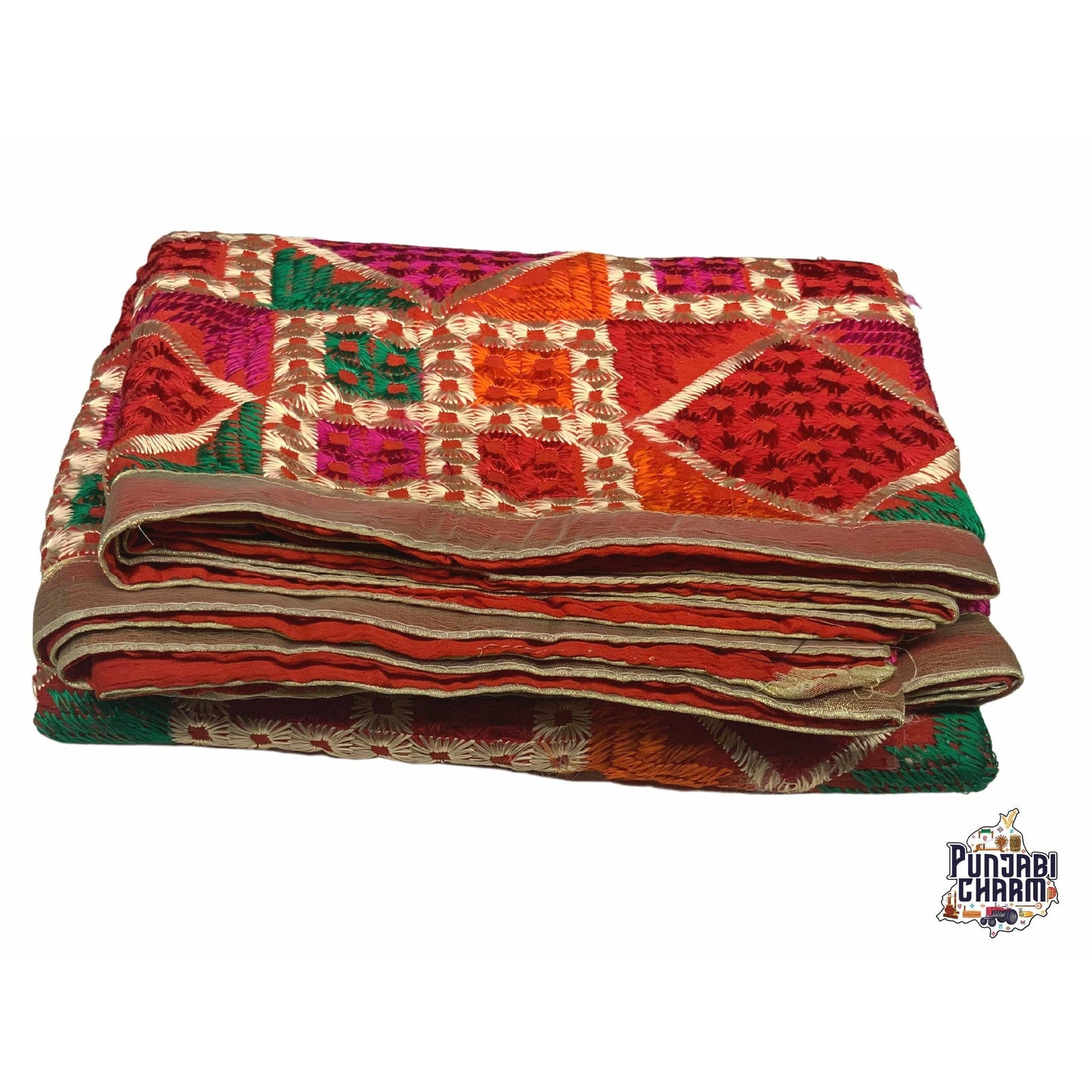 Phulkari / Fulkari Dupatta with beautiful multicolor embroidery work and golden lace on the borders
