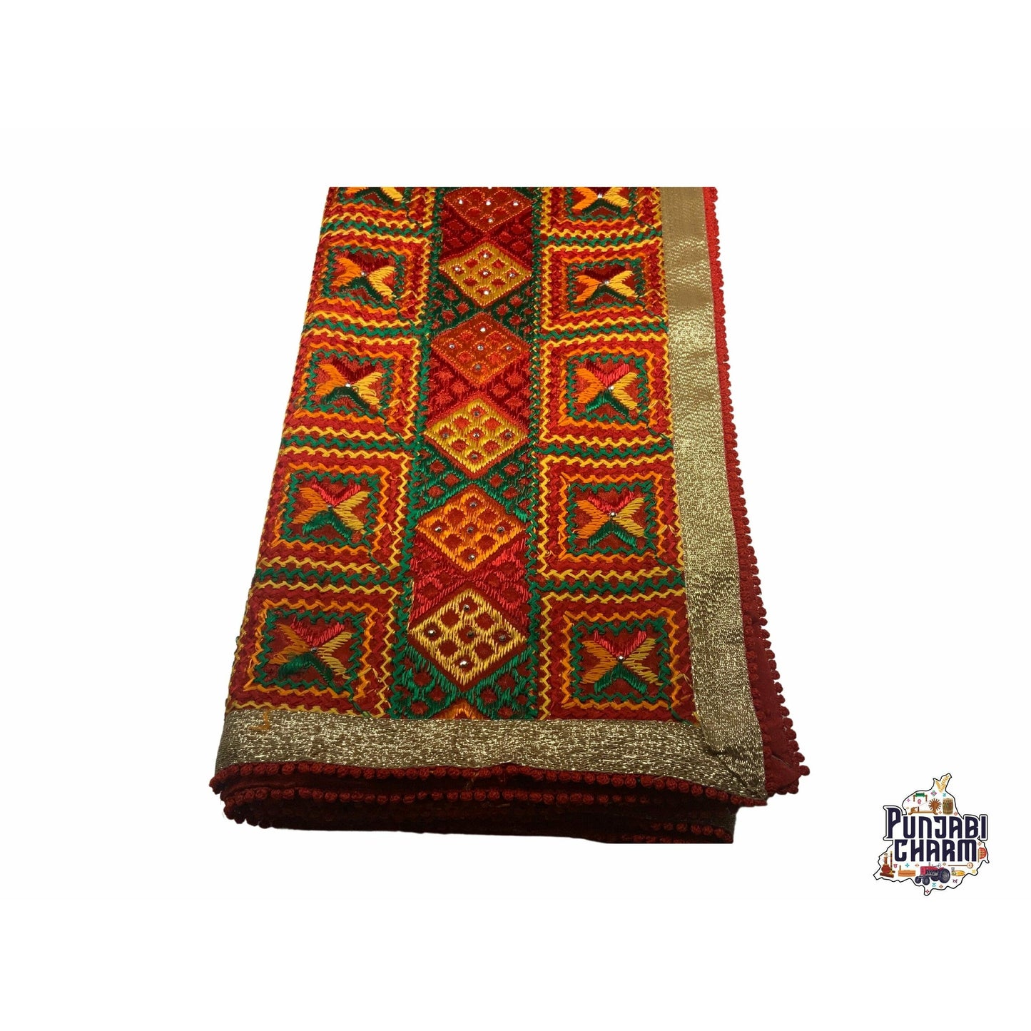 Beautiful Fulkari  pattern with golden lace on all the borders