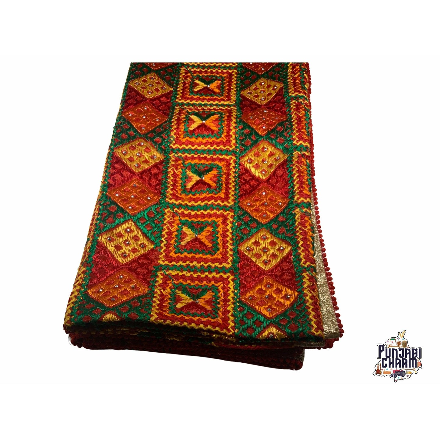 Beautiful Fulkari  pattern with golden lace on all the borders