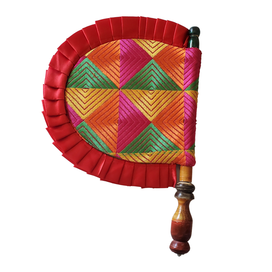 Pakhi (Hand Fan) with Embroidery - Geometrical Pattern