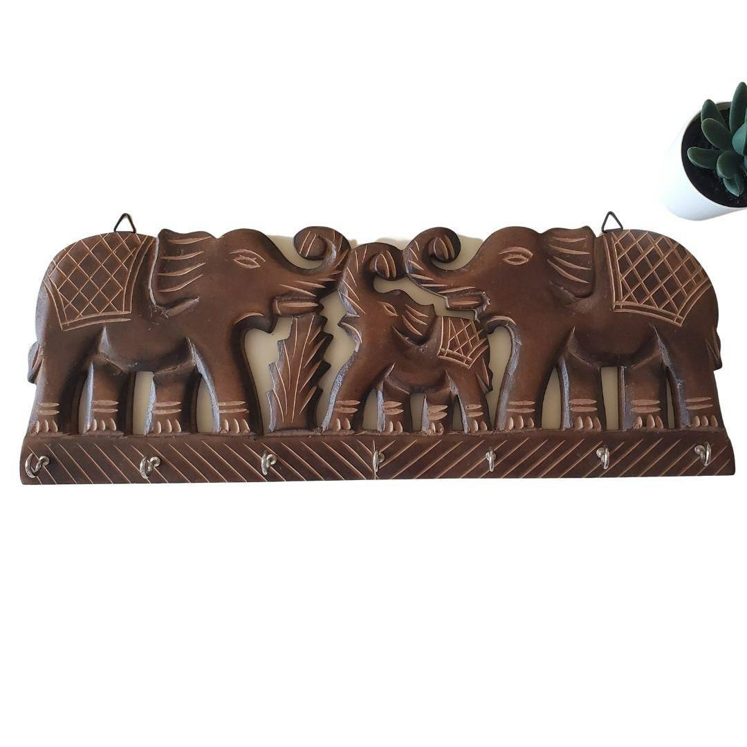 Wooden Key Holder for Wall - Carved Elephant Design