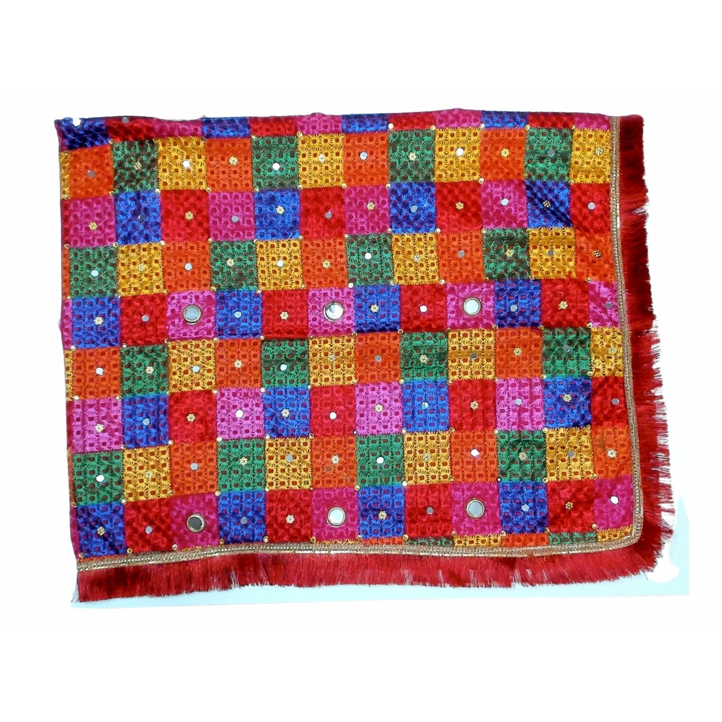 Phulkari / Fulkari Dupatta with beautiful embroidery work, mirror work and sequins all over the duppatta and red lace on the borders