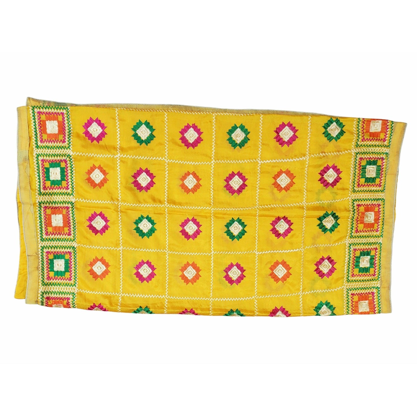 Beautiful Fulkari with Yellow base and multi color flower patter + golden lace on all the borders