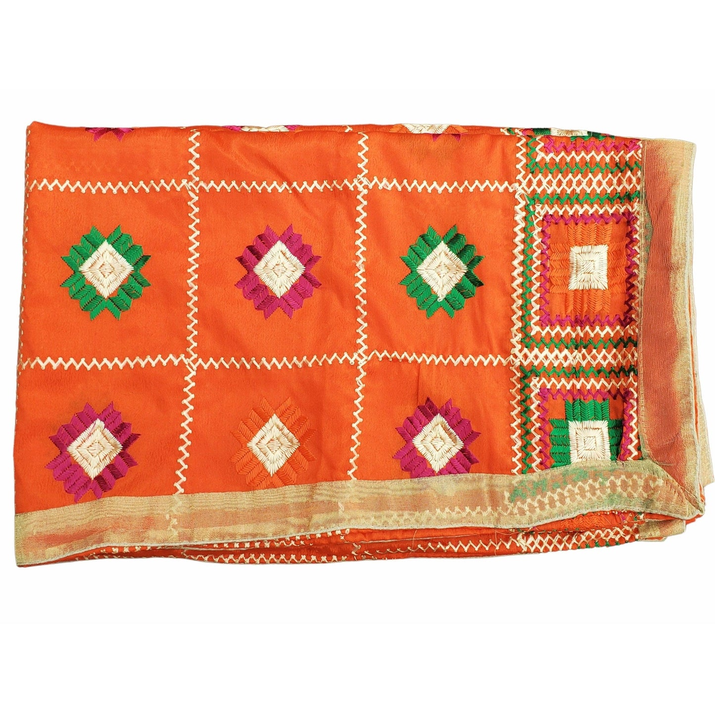 Beautiful Fulkari with Orange base and multi color flower patter + golden lace on all the borders