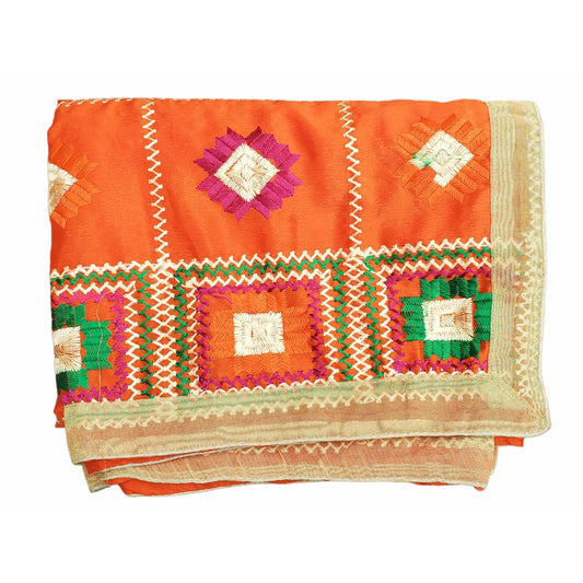 Beautiful Fulkari with Orange base and multi color flower patter + golden lace on all the borders