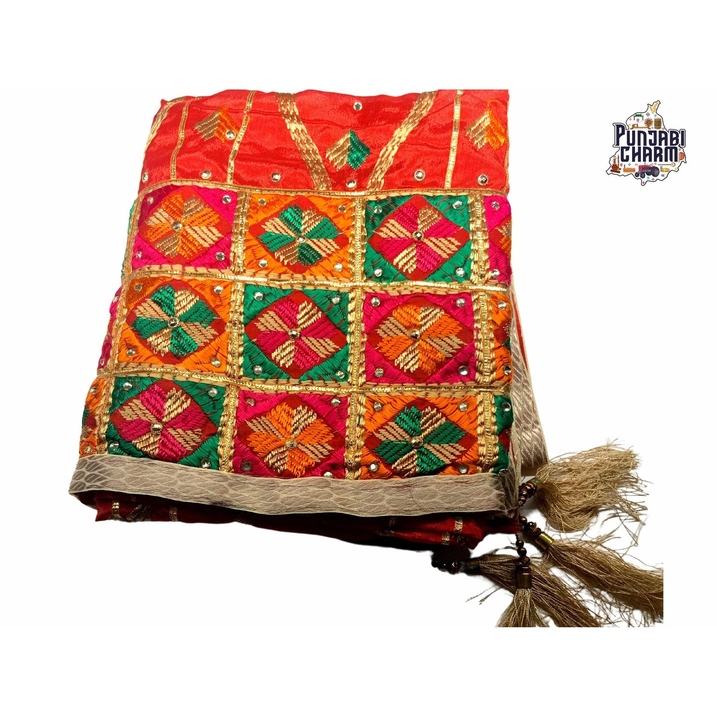 Beautiful Fulkari lehariya pattern with golden lace on all the borders and tessels
