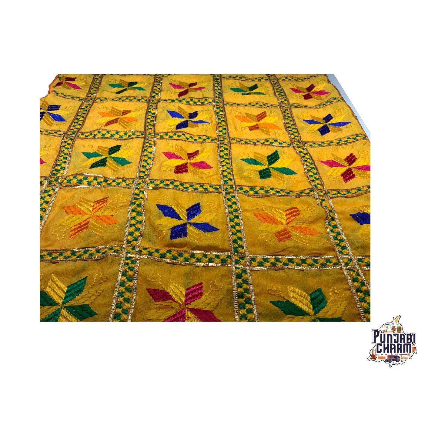 Beautiful Fulkari with Yellow base and multi color flower pattern +  red piping on all the borders
