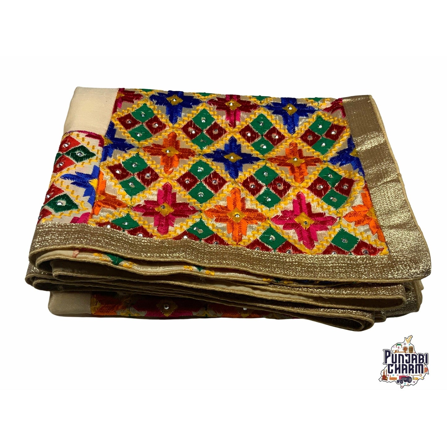 Beautiful Fulkari with Golden base and multi color flower pattern.