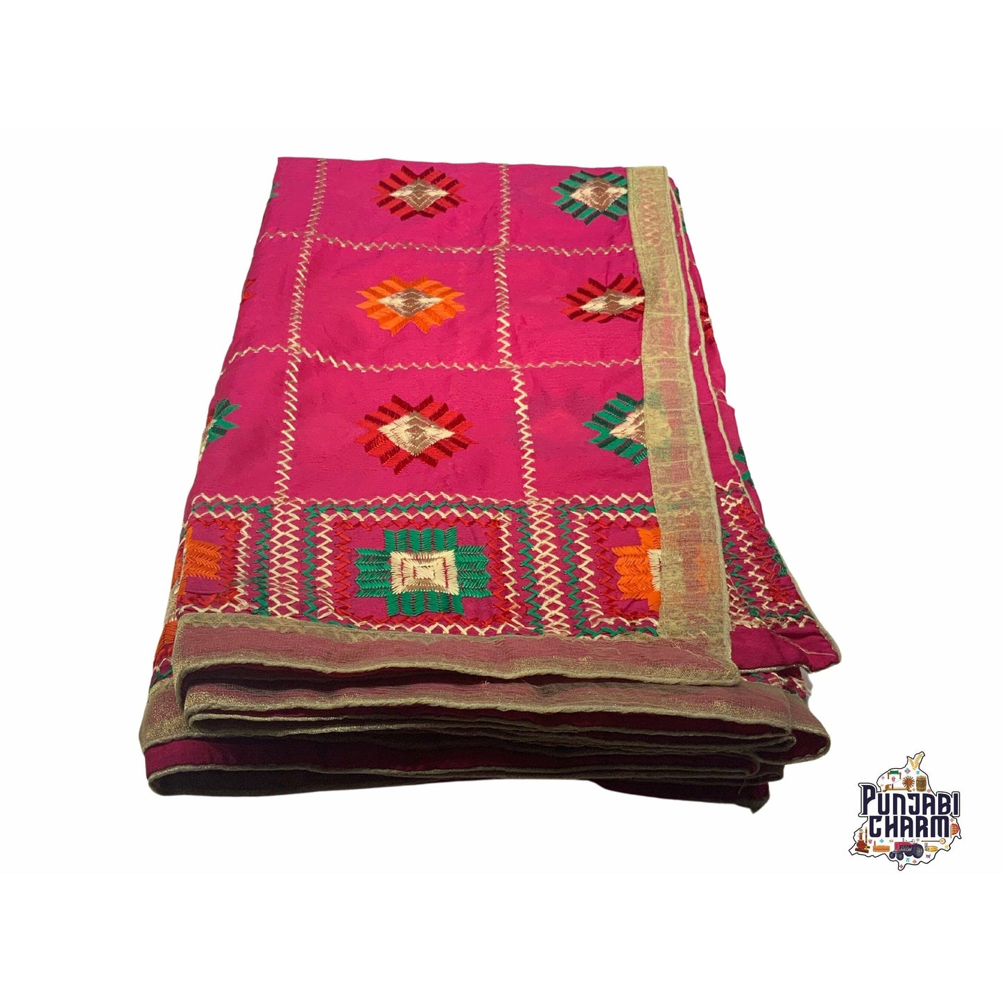 Beautiful Fulkari with hot pink base and multi color flower pattern+ golden lace on all the borders