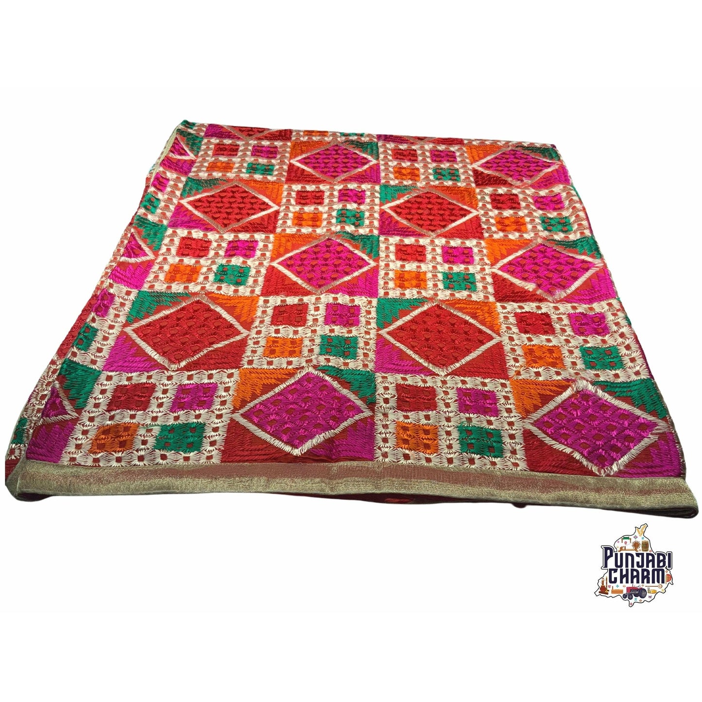 Phulkari / Fulkari Dupatta with beautiful multicolor embroidery work and golden lace on the borders