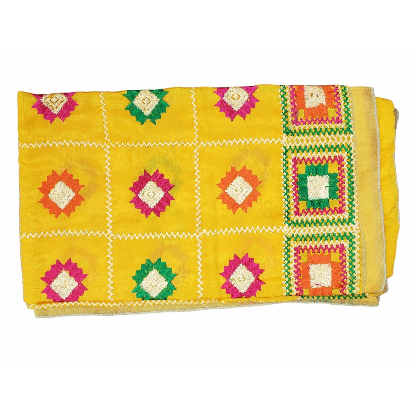 Beautiful Fulkari with Yellow base and multi color flower patter + golden lace on all the borders