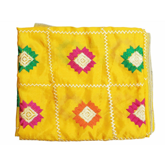 Beautiful Fulkari with Yellow base and multi color flower patter + golden lace on all the borders