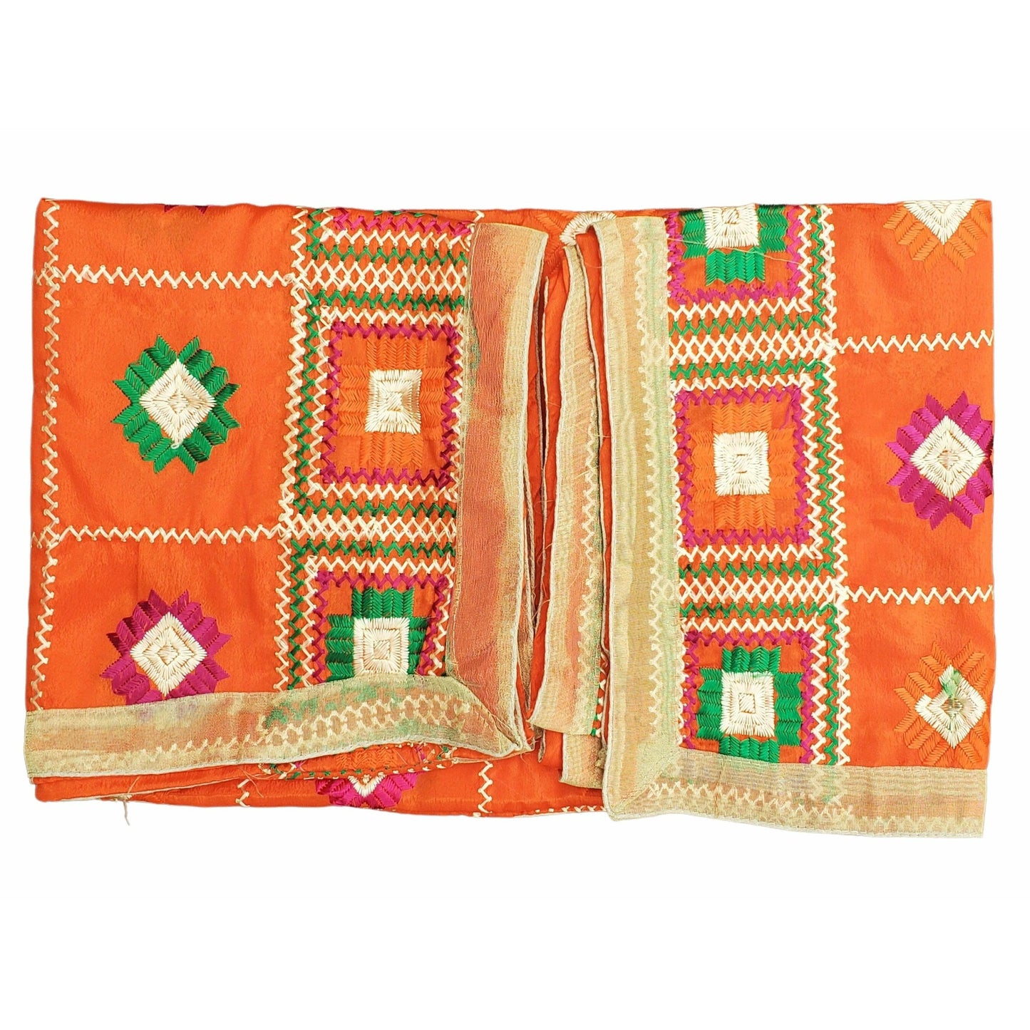 Beautiful Fulkari with Orange base and multi color flower patter + golden lace on all the borders