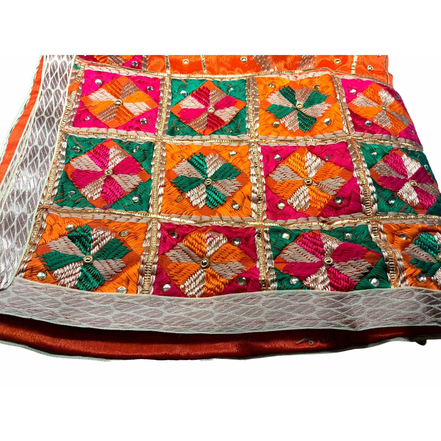Beautiful Fulkari lehariya pattern with golden lace on all the borders and tessels