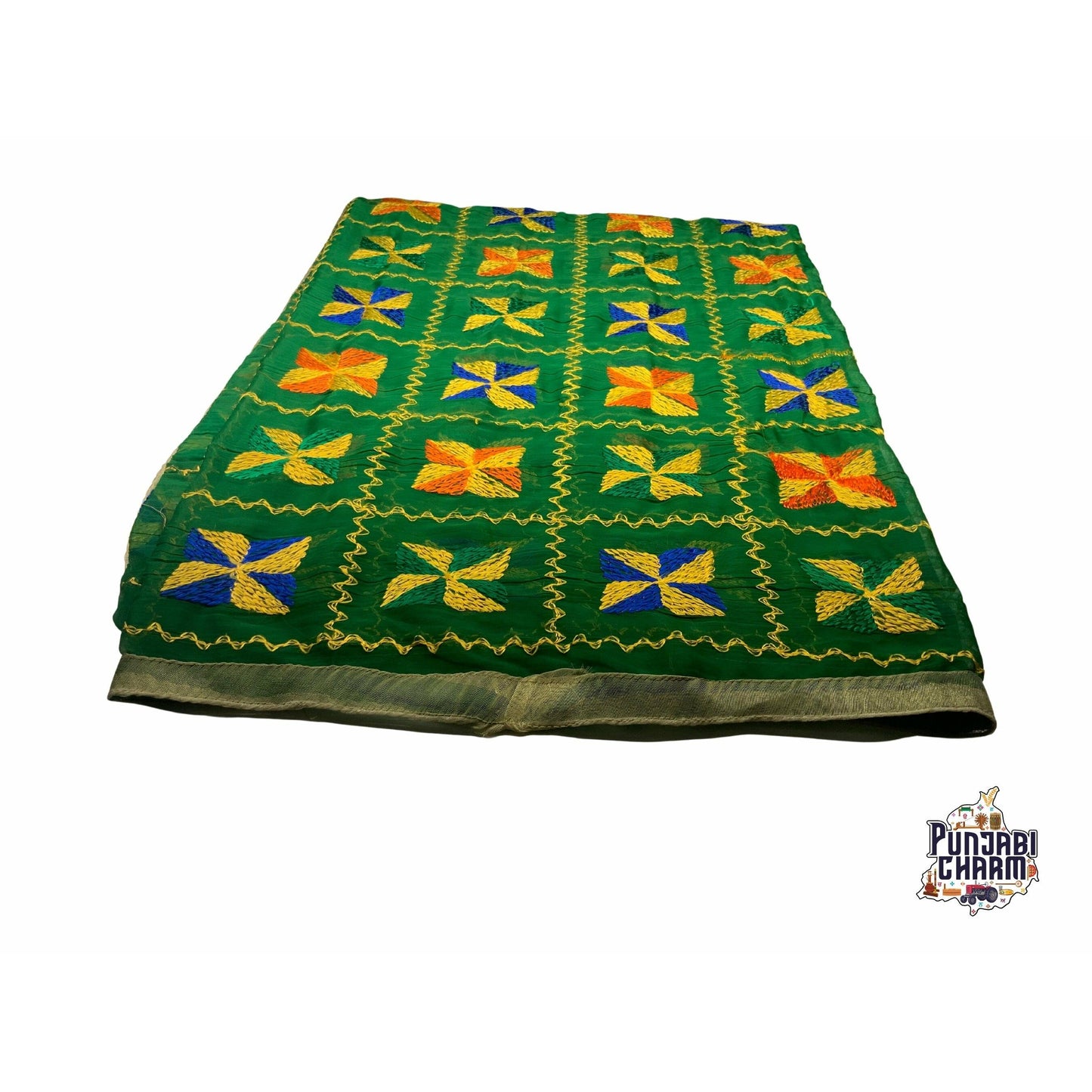 Beautiful Fulkari with green base and multi color flower patter + golden lace on all the borders