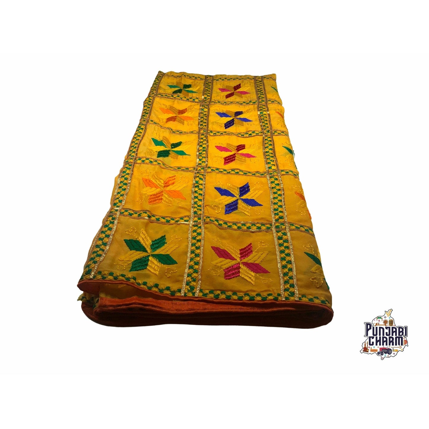 Beautiful Fulkari with Yellow base and multi color flower pattern +  red piping on all the borders