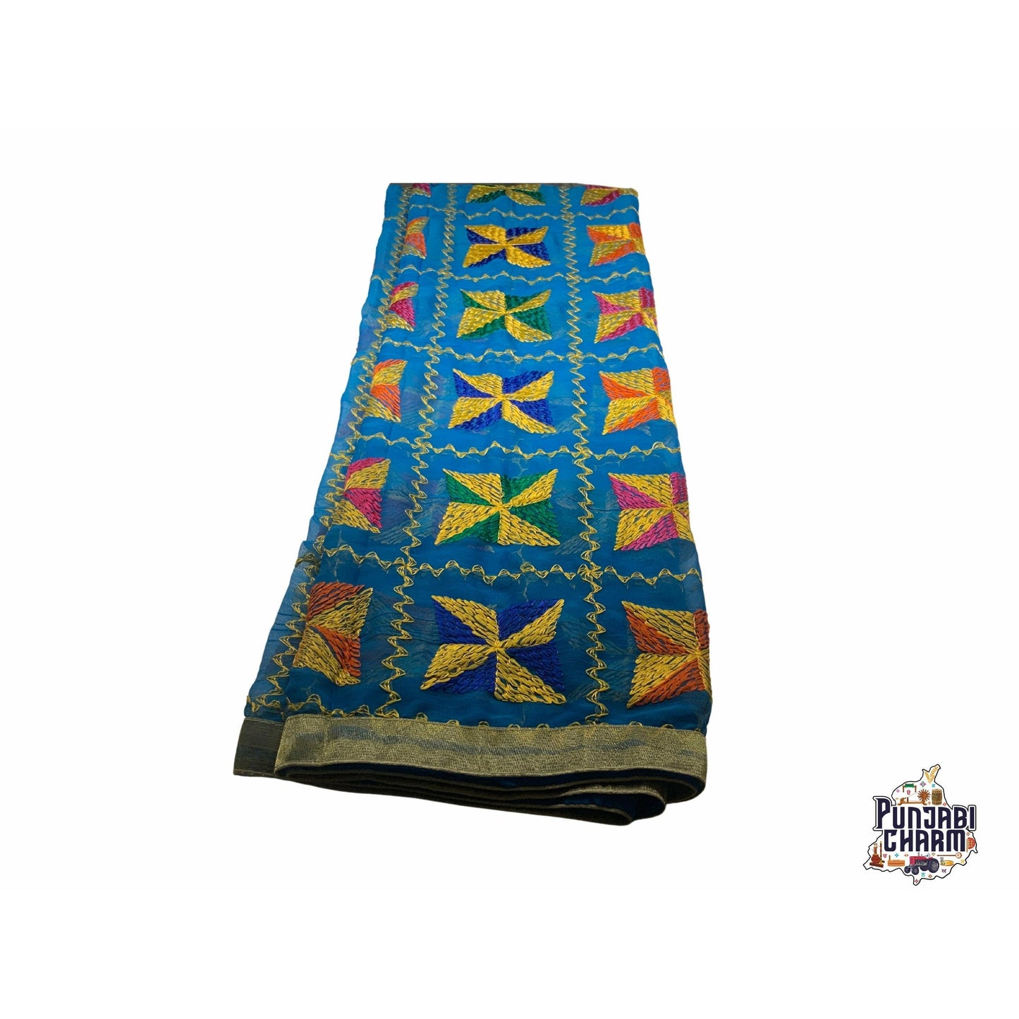 Beautiful Fulkari with blue base and multi color flower pattern+ golden lace on all the borders