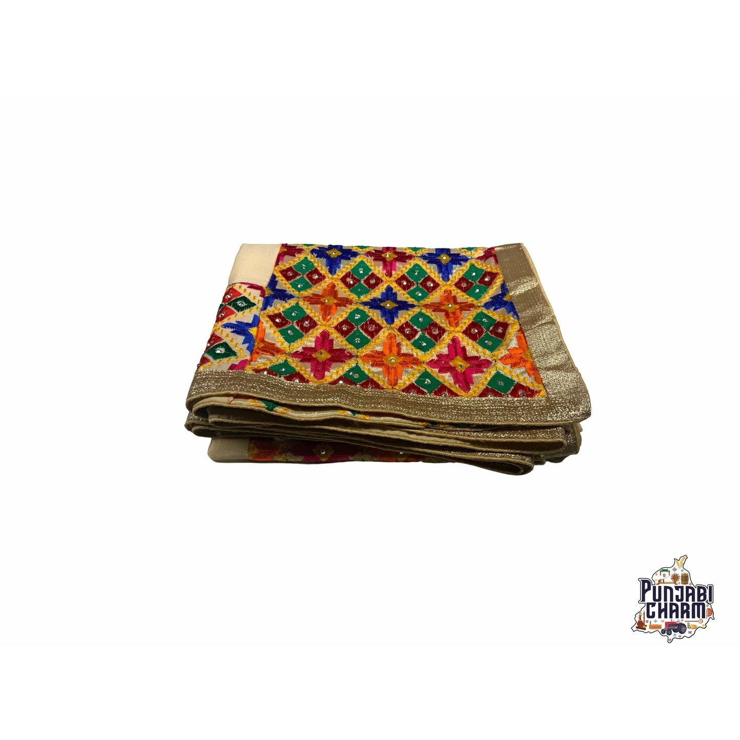 Beautiful Fulkari with Golden base and multi color flower pattern.