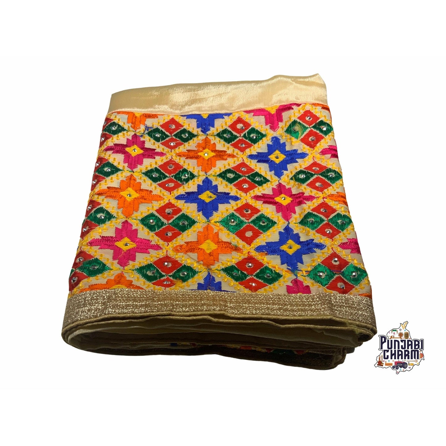 Beautiful Fulkari with Golden base and multi color flower pattern.