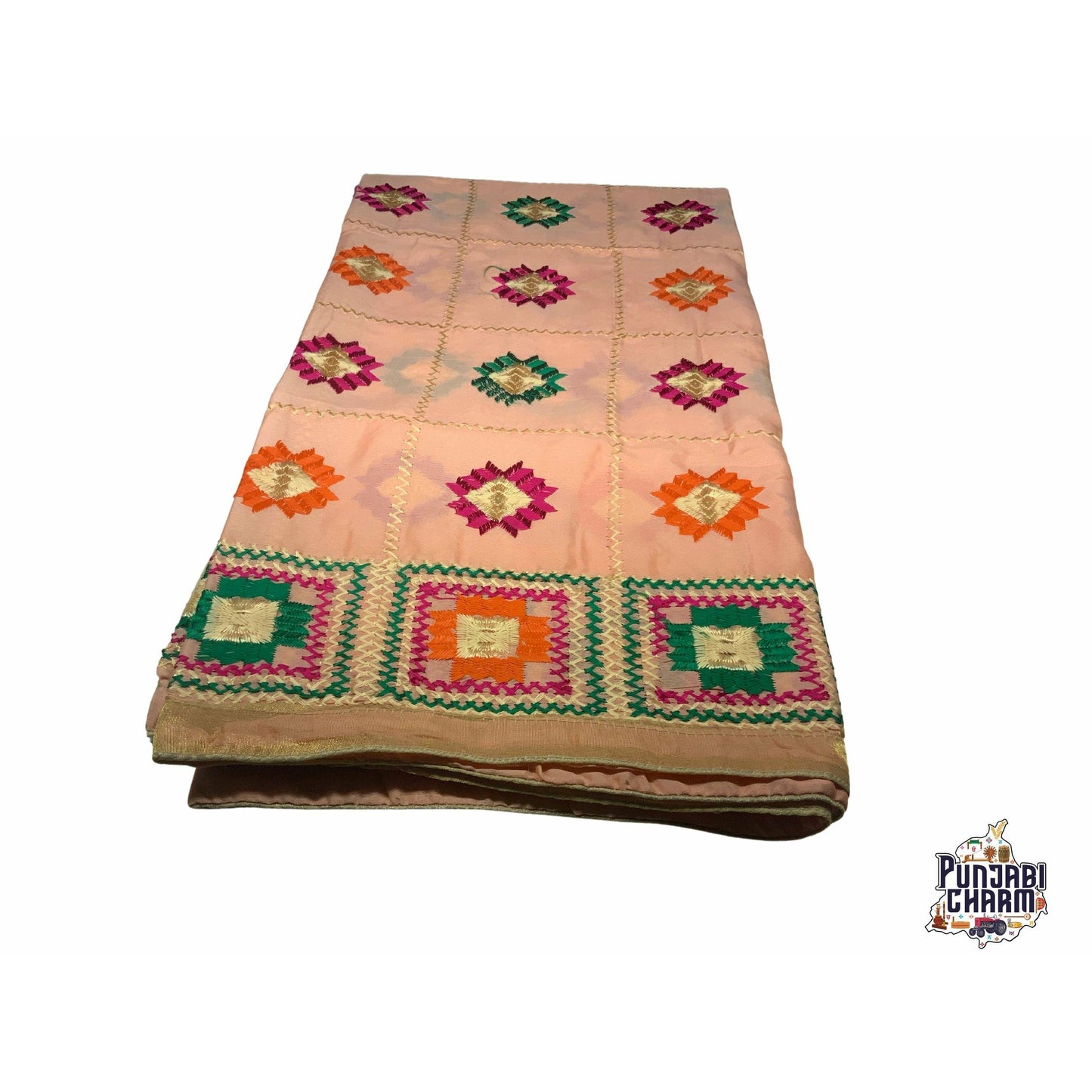 Beautiful Fulkari with peach base and multi color flower pattern+ golden lace on all the borders