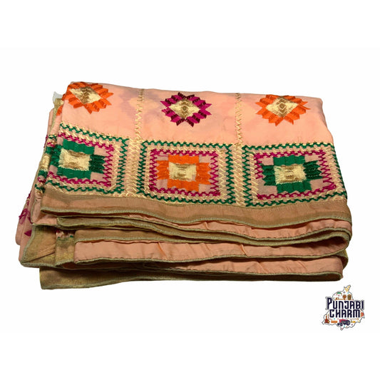 Beautiful Fulkari with peach base and multi color flower pattern+ golden lace on all the borders