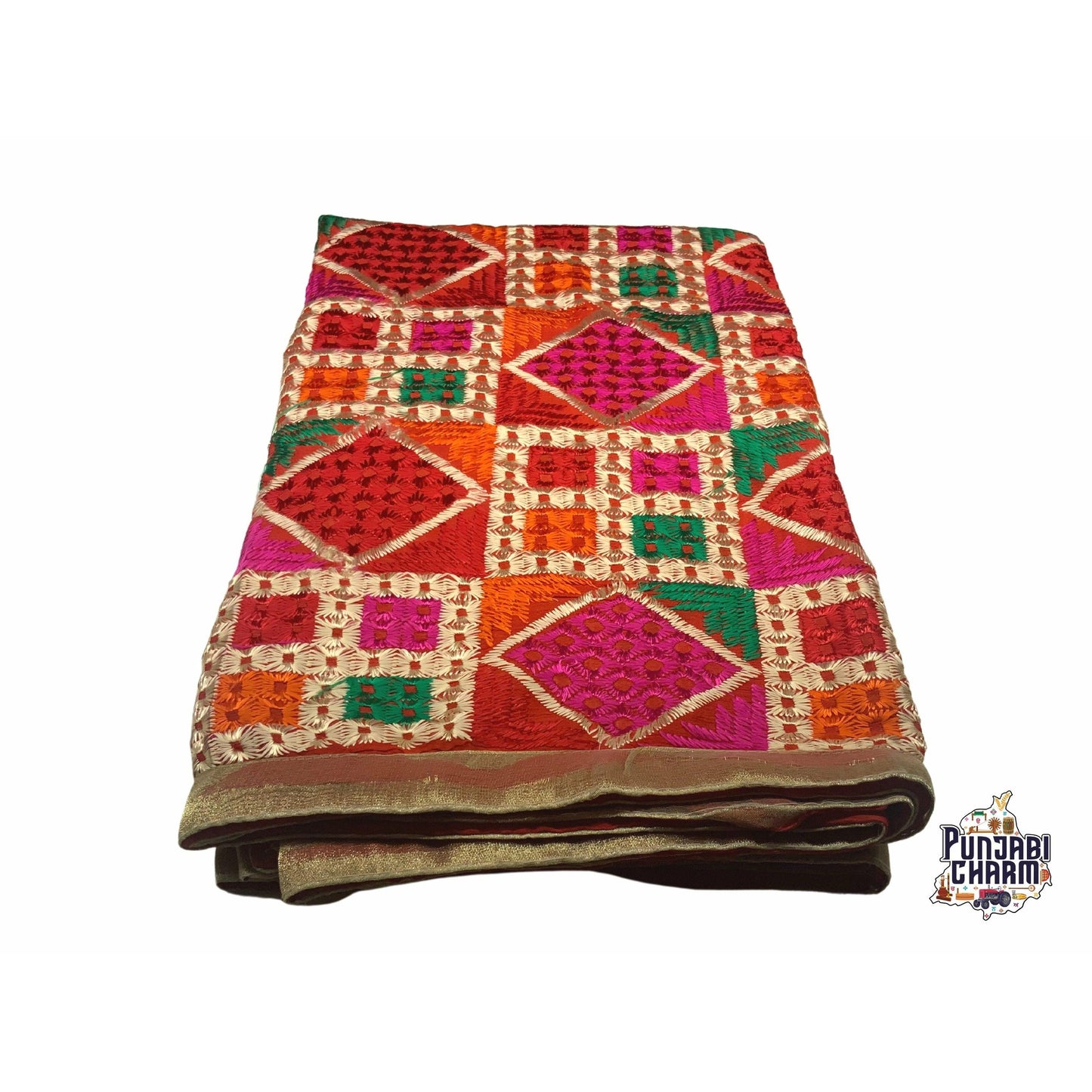 Phulkari / Fulkari Dupatta with beautiful multicolor embroidery work and golden lace on the borders