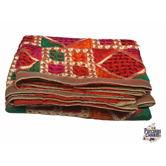 Phulkari / Fulkari Dupatta with beautiful multicolor embroidery work and golden lace on the borders