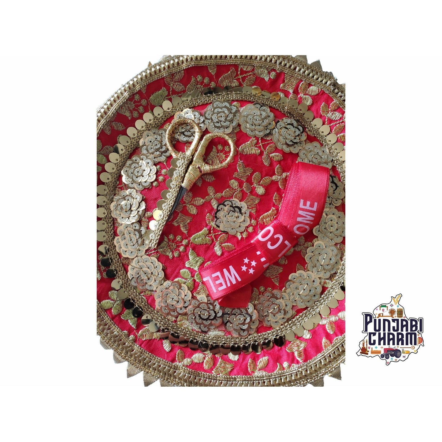 Welcome Shagun Set | Designer Plates with Scissor and Welcome Ribbon for Welcome Shagun | Wedding Shagun